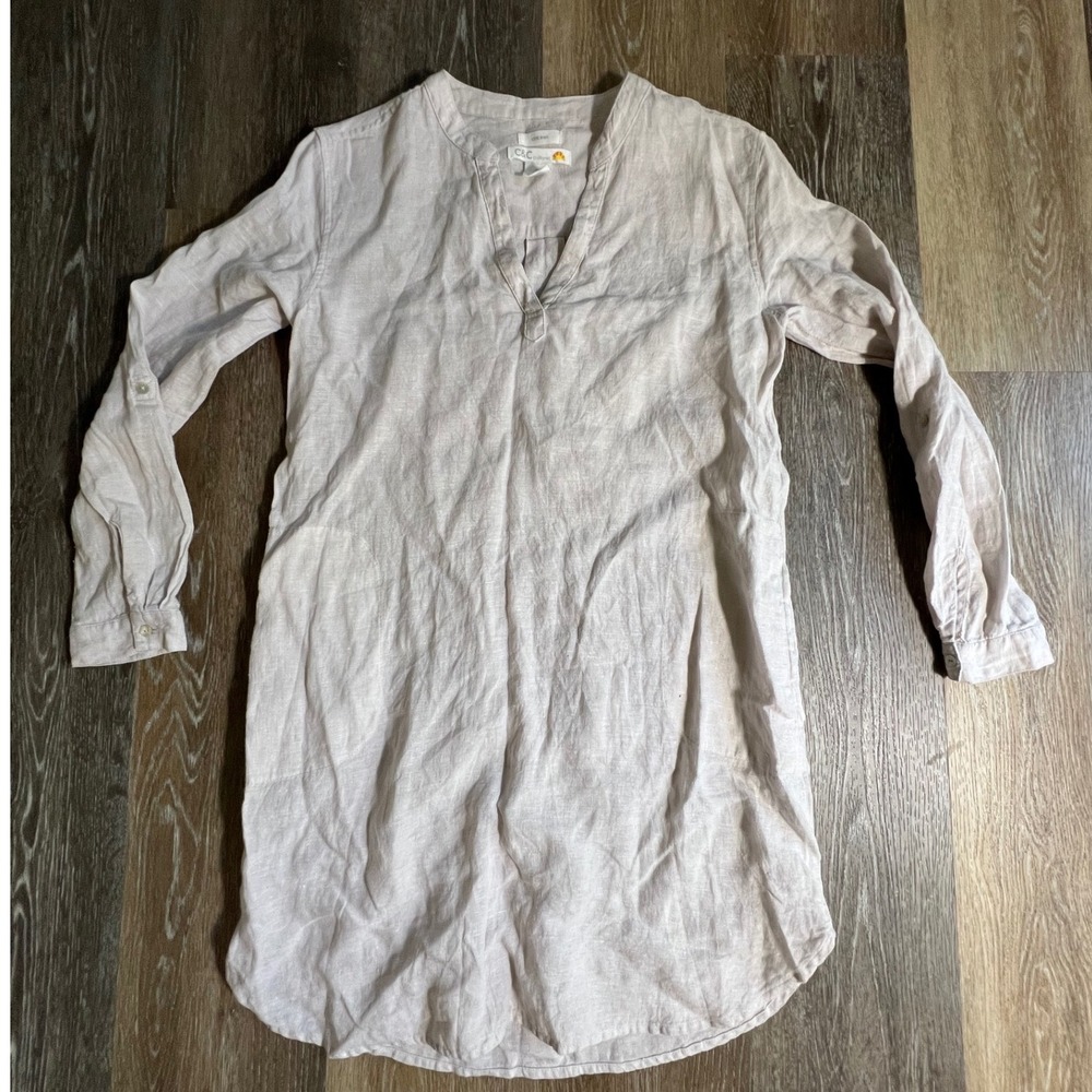 C&C California Tunic Dress Womens S Beige 100% Linen Long Sleeve Split V-Neck